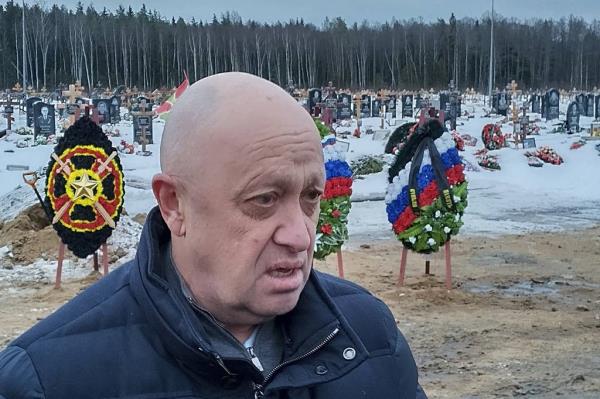 Wagner Group head Yevgeny Prigozhin attends the funeral of Dmitry Menshikov, a fighter of the Wagner group who died during a special operation in Ukraine, at the Beloostrovskoye cemetery outside St. Petersburg, Russia, on Dec. 24, 2022. 