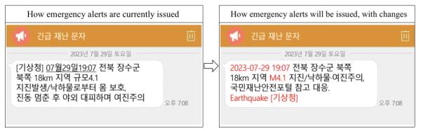 An example of how emergency text a<em></em>lerts will be issued starting Wednesday is demo<em></em>nstrated on the right. (Ministry of Interior and Safety)